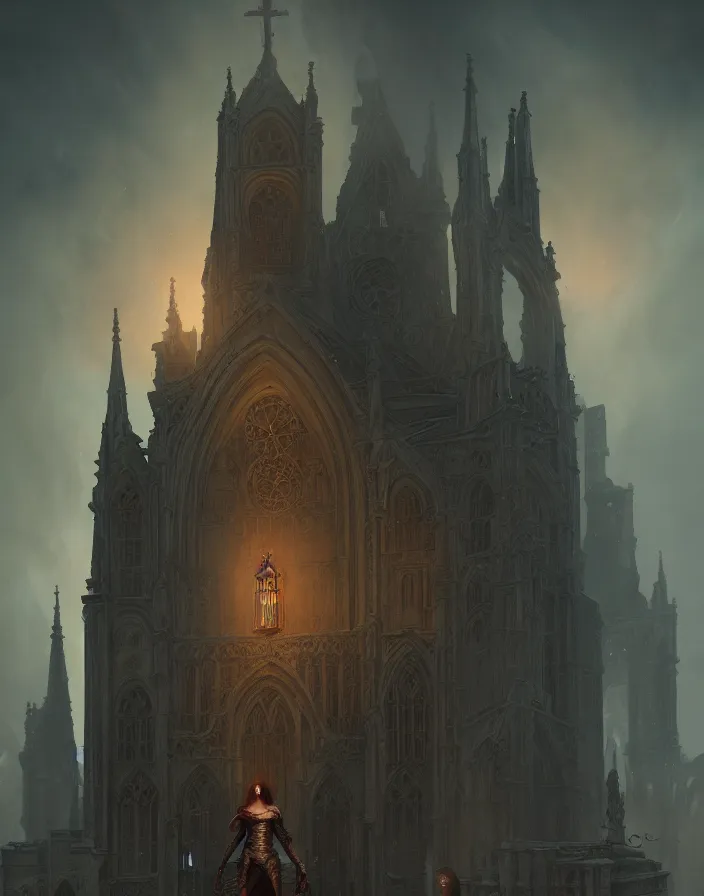 Image similar to A beautiful digital painting of a Grim Reapper, ancient catedral behind her, intricate, cinematic lighting, highly detailed, digital painting, Artstation, concept art, smooth, sharp focus, illustration, art by Tom Bagshaw, Artgerm and Greg Rutkowski