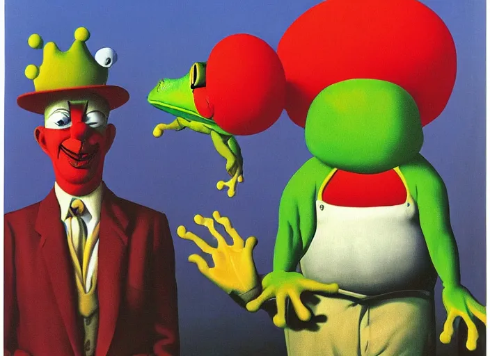 Image similar to The Clown Frog King welcomes you Clown World, painting by René Magritte and Robert Crumb and Ralph McQuarrie