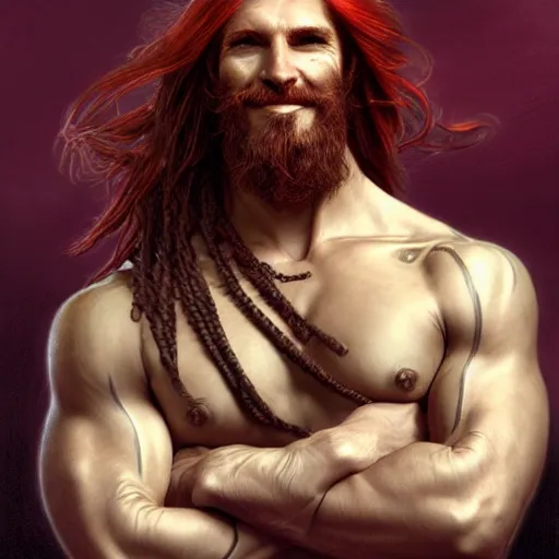 Prompt: portrait of a young ruggedly handsome but joyful pirate, male, muscular, masculine, upper body, red crimson crimson deep red hair, long long flowing hair, fantasy, proud smirk, intricate, elegant, highly detailed, digital painting, artstation, concept art, matte, sharp focus, illustration, art by artgerm and greg rutkowski and alphonse mucha