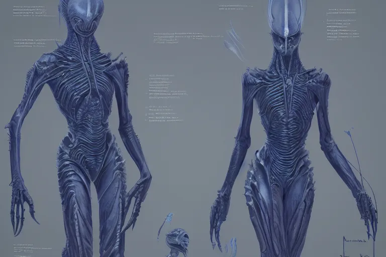 Prompt: Blueprint of alien queen, biology, sectioned, detailed, artstation, cgsociety, Ralph McQuarrie and Greg Rutkowski