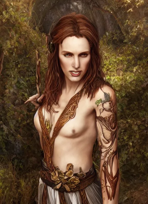 Prompt: a relaxed malehalf elf middle aged druid in a sleeveless west, brown short hair, strong, full body, 8 k, hyperrealistic,, hyperdetailed, fantasy portrait by laura sava