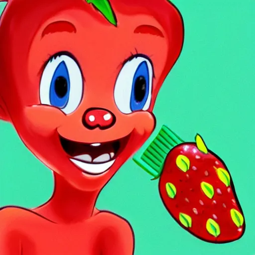 Prompt: a cute strawberry character with two front teeth, holding a yellow toothbrush, in the style of glen keane