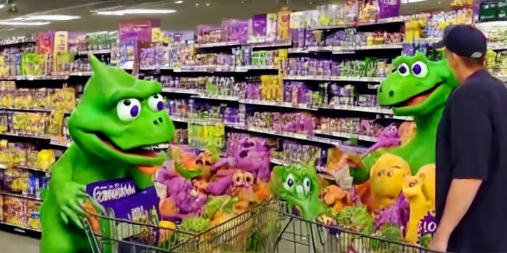 Image similar to cc - tv video of barney the dinosaur getting groceries