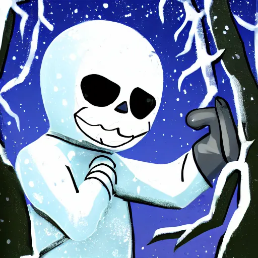 Image similar to Sans from undertale napping under a tree in the snow, digital art