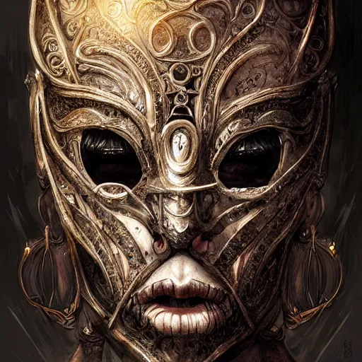 Prompt: Very very very very highly detailed epic photo of face with scarry horror venetian mask, intricate, dystopian, sci-fi, extremely detailed, digital painting, artstation, concept art, smooth, sharp focus, illustration, intimidating lighting, incredible art by Artgerm and Vincent di Fate