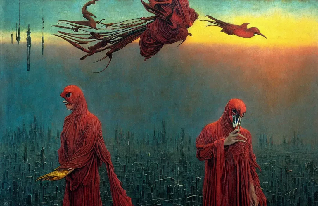 Image similar to realistic detailed portrait movie shot of a birdman wearing dark ragged robes, futuristic city sunset landscape background by denis villeneuve, amano, yves tanguy, alphonse mucha, ernst haeckel, max ernst, roger dean, rich moody colours, blue eyes