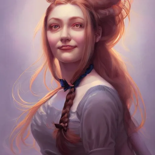 Prompt: a beautiful painting of a smiling young mother with auburn side braid and pretty hazel eyes representative of the art style of artgerm and wlop and peter mohrbacher, portrait, weary expression