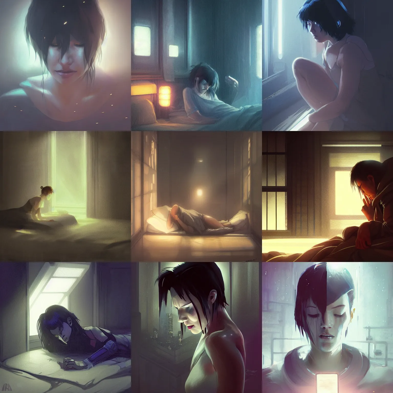 Prompt: character crying curled up in bed, dark room, light coming in through blinds, godrays, dust, ghost in the shell, blade runner, glowing lights, highly detailed, digital painting, concept art, smooth, cinematic lighting, octane renderer, art by artgerm, greg rutkowski, razaras, kasai, wlop