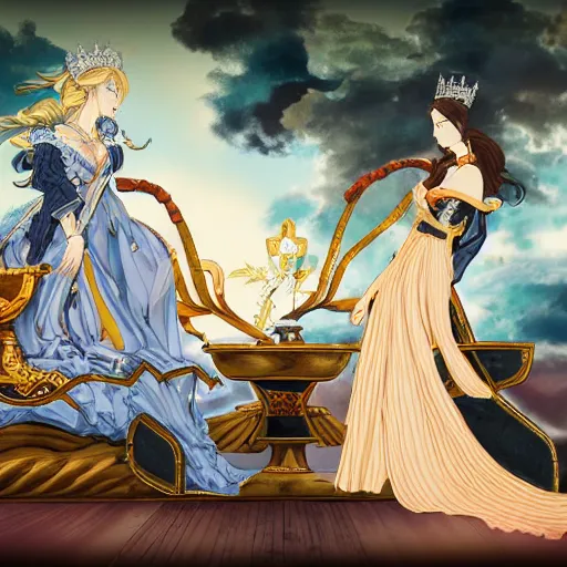 Image similar to a scene of two beautiful queens fighting over a throne, detailed anime art