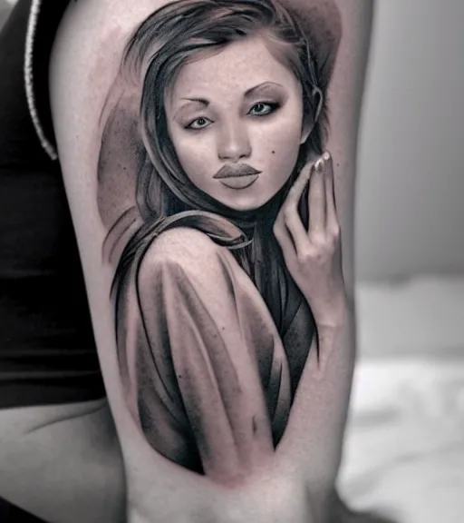 Image similar to a beautiful girl faded in a mountain background, realism tattoo, in the style of den yakovlev, black and white, hyper realistic, highly detailed