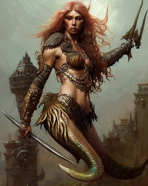 Image similar to a fierce mermaid warrior, fantasy character portrait, ultra realistic, concept art, intricate details, highly detailed by greg rutkowski, gaston bussiere, craig mullins, simon bisley