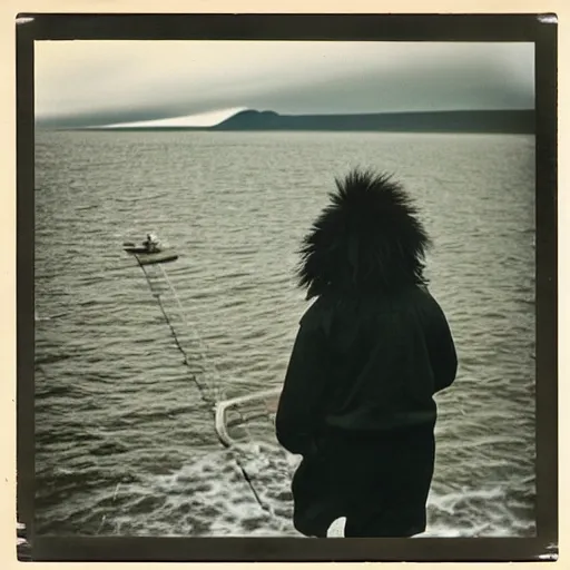 Prompt: black - haired girl with wild spiky black saiyan hair with long bangs over her eyes, hair covering eyes, wearing casual clothing, standing on an alaskan fishing vessel, mekoryuk, alaska, 1 9 6 5, polaroid, kodachrome, grainy photograph