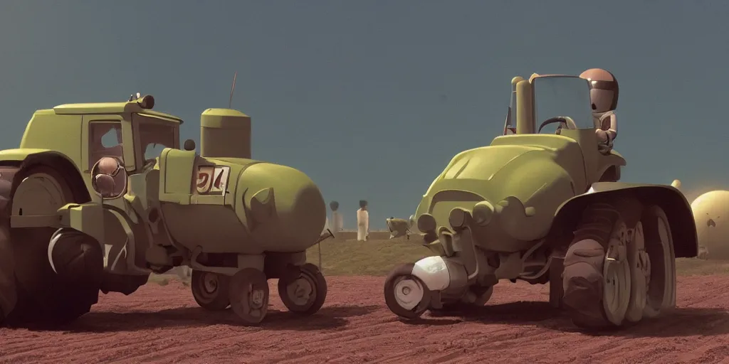 Image similar to cute cartoon little tractor pulling away the russian tank, still from film 2 0 0 1 a space odyssey, wes anderson, cinematic, goro fujita, chiho aoshima, beeple, trending on artstation, highly detailed, scene from a movie, soft lighting, 8 k
