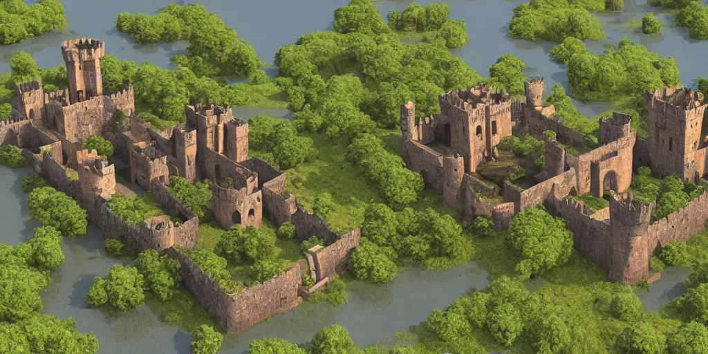 Image similar to medieval castle in a jungle with towers and moat, 3 d, isometric, poly detail