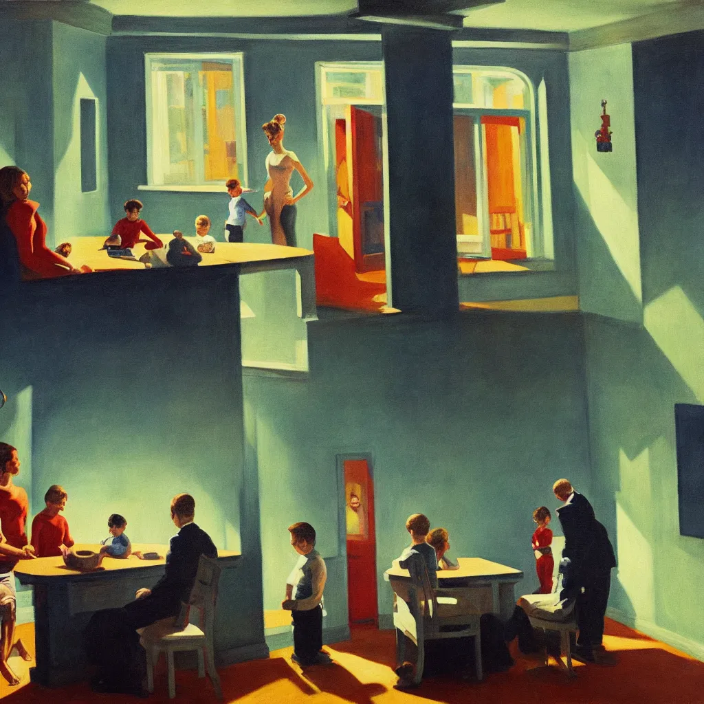 Prompt: painting of a family building getting lectured by a very large alien in their suburban living room, energetic orbs in the air, in the style of edward hopper