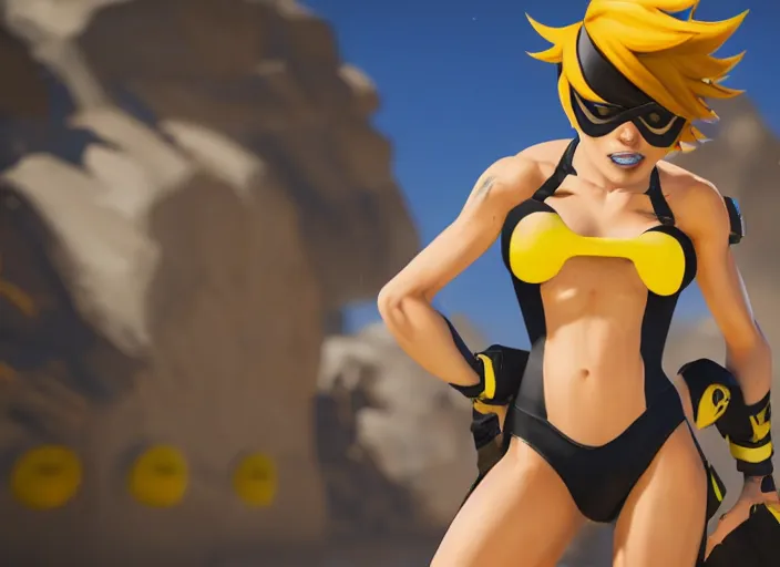 Image similar to tracer game character, in yellow bikini, blonde hair, black eyes, full height