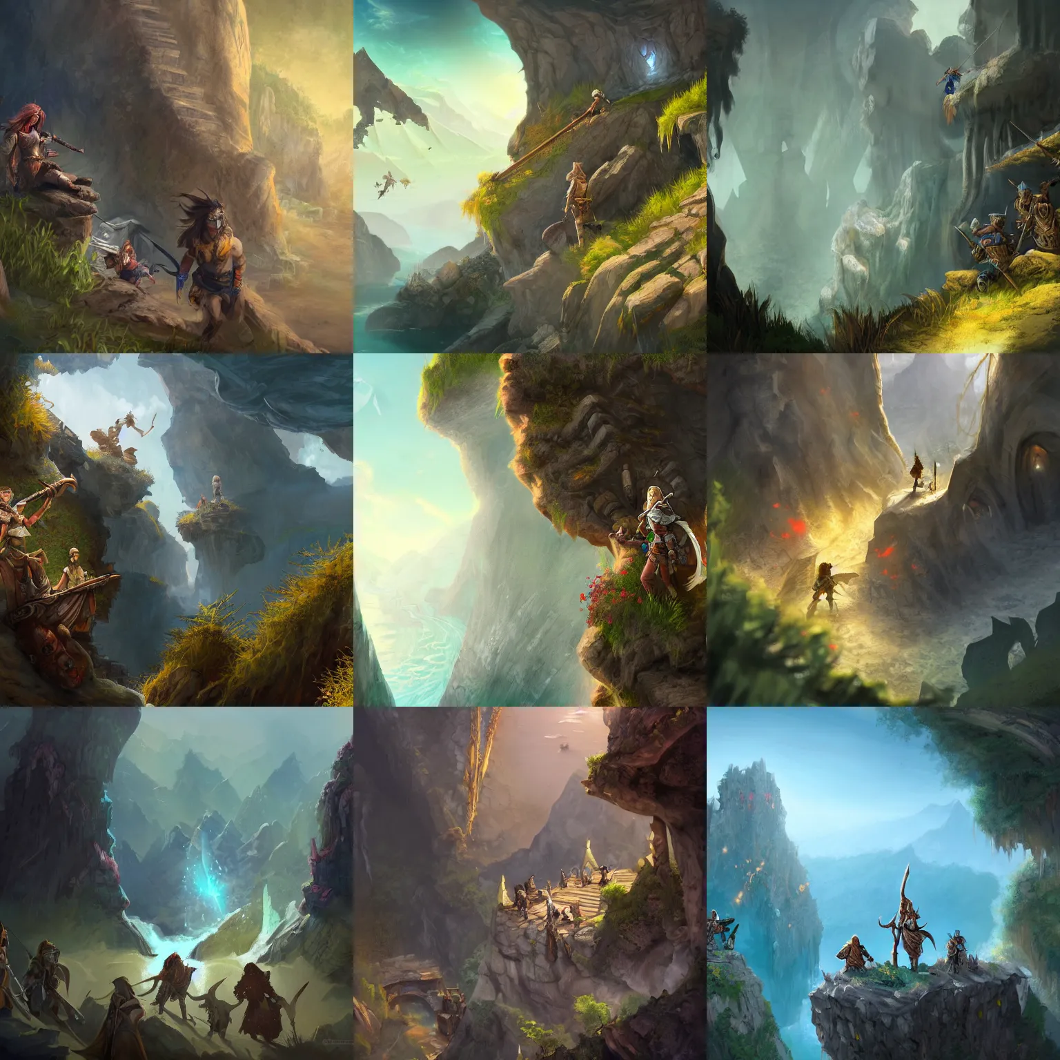 Prompt: dnd adventurers hiding below a cliff, sunny, fantasy art, concept art, epic, 4 k