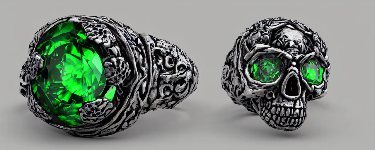 Prompt: simple magic ring of poison, ring, skull, green, black, smooth shank, crystals, engravings, product design, jewelry, colorful, art by gerald brom, greg rutkowski and artgerm, photo realism, unreal engine, c 4 d