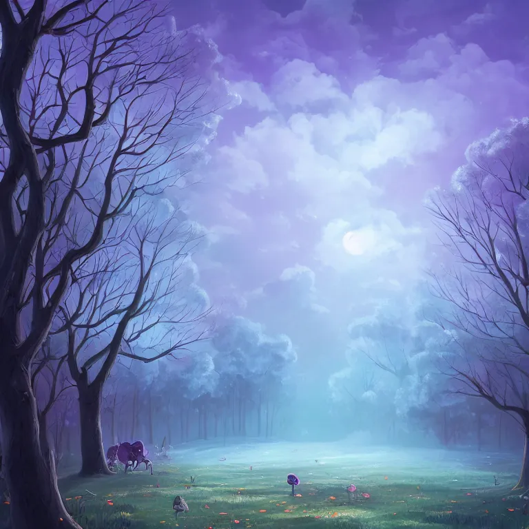 Image similar to A beautiful ultra detailed matte painting Moonlight woods near the water puffy clouds in sky vivid colors, by Cyril Rolando, David Wiesner, unreal engine, featured on artstation