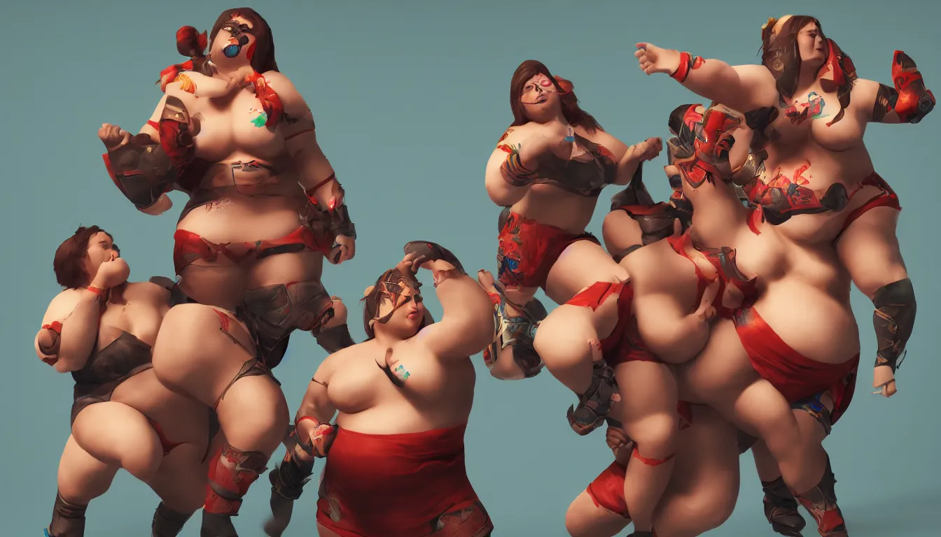 Image similar to fat girls win dota cup with left hand in wrestling outfits, rtx, volumetric light, 3 d artist, reflections, artstation, intricate details, 4 k resolution