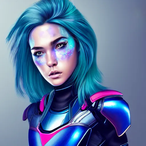 Image similar to a stunning upper body portrait of a beautiful young woman wearing futuristic navy blue and teal battle bodyarmor with pauldrons and luminescent fine lines and ombre purple and pink hairstyle with hair blowing in the wind, by marvel comics, highly detailed, fine detail, intricate, digital art, trending on artstation