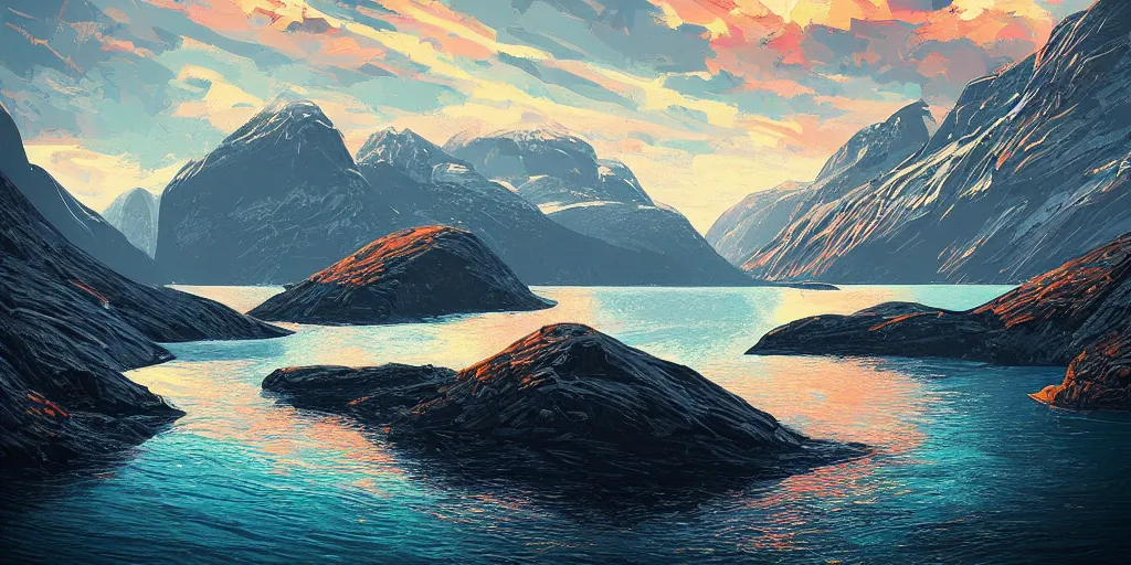 Prompt: the fjords of norway by alena aenami, petros afshar speedart