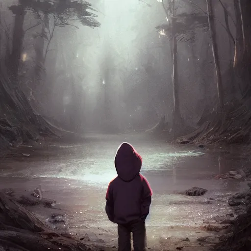 Image similar to a cute little boy wearing hoodie and waiting for his friends, full body, magical world, by greg rutkowski, sung choi, photo realistic, 8 k, cinematic lighting, hd, atmospheric, hyperdetailed, trending on artstation, devainart, digital painting, glow effect