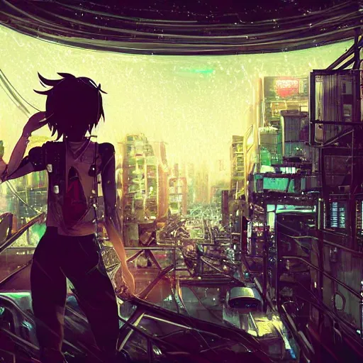 Prompt: night android mechanical cyborg girl in overcrowded urban dystopia gigantic future city raining makoto shinkai wide angle distant shot