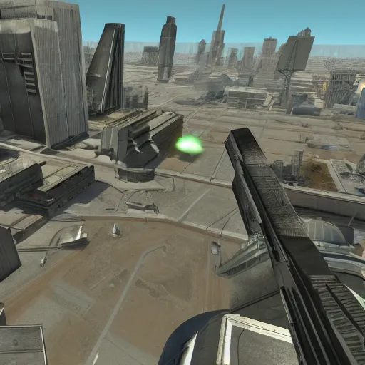 Prompt: Extreme long shot of a CGI Combine Jet trooper flying over City 17, from Half-Life 2