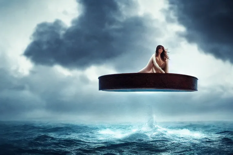 Image similar to A beautiful woman on a giant open book in the middle of the ocean during a storm, dramatic lighting, cinematic, 8k HDR, highly detailed, high quality, octane render, unreal engine 5, path tracing, turbulent sea, concept art, trending on Artstation