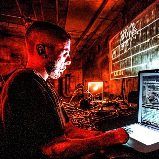 Prompt: the brown hound dog mad mutt mixing industrial music on a laptop in an apocalypsecore setting, as strange colored lighting covers the rusty walls.