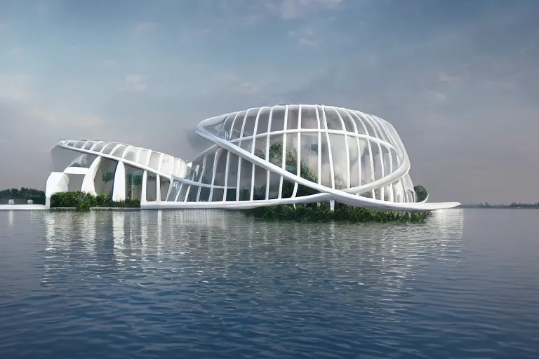 Prompt: a building formed by the combination of many white spherical spaces and boolean, on the calm lake, people's perspective modern curved architecture, future, wood, marble, metal award winning, highly detailed 4 k art, dusk, unreal engine highly rendered, global illumination, radial light, internal environment by kazuyo sejima