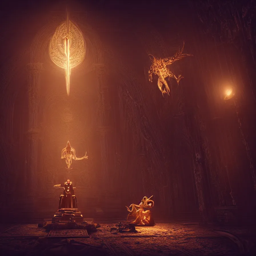 Image similar to an occult priest performs demonic ritual with magic and a glowing sigil in a fantastic temple, volumetric lighting, magical lighting, raytracing, dynamic lights and shadows, photorealistic render, digital art, wallpaper, octane, redshift, hyperdetailed, intricate details