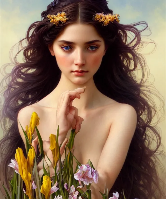 Prompt: young goddess with gladioli, portrait, blue eyes, beautiful face, long hair, head in focus, fantasy, ornamental, intricate, elegant, sensual, highly detailed, digital painting, artstation, concept art, smooth, golden ratio, sharp focus, illustration, art by artgerm and Greg Rutkowski and Alphonse Mucha and Karol Bak