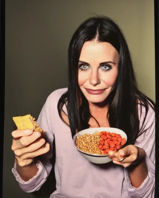 Image similar to 2 0 years old plump courtney cox eating cereal in her boyfriend's shirt, redshift, colour shift, wide shot, coloured polaroid photograph, pastel, kodak film, hyper real, stunning moody cinematography