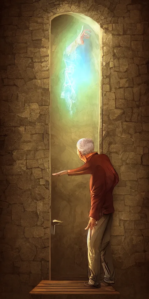 Image similar to old man going through a door to another dimension, fantasy, 4 k, digital art,