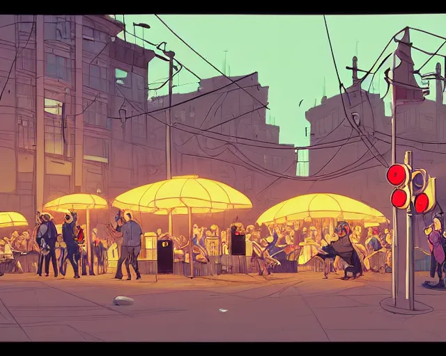 Image similar to a study of cell shaded cartoon of the concert of a music band playing music, street lamps, road, illustration, wide shot, subtle colors, post grunge, concept art by josan gonzales and wlop, by james jean, Victo ngai, David Rubín, Mike Mignola, Laurie Greasley, highly detailed, sharp focus, Trending on Artstation, HQ, deviantart, art by artgem