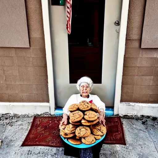 Image similar to Fisheye photo front door old woman selling cookies