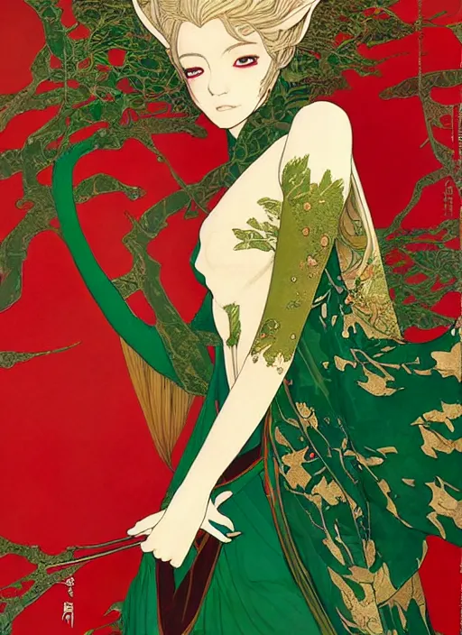 Image similar to half body portrait of a beautiful elven queen in red green gold dress, detailed, wearing kimono armor, by conrad roset, takato yomamoto, jesper ejsing, beautiful