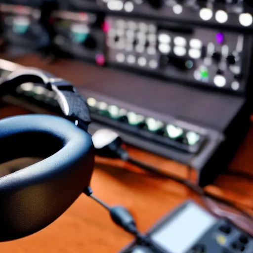 Image similar to A photograph of a bird wearing headphones and speaking into a high-end microphone in a recording studio.