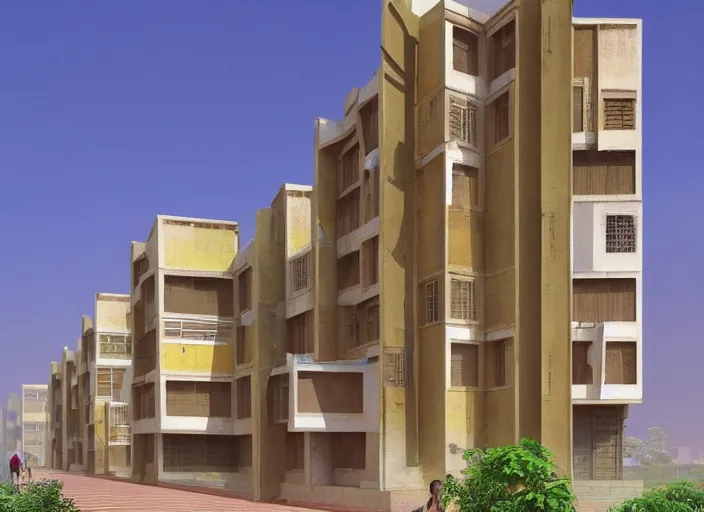 Image similar to low - cost housing designed by architect b v doshi, contemporary indian architecture style ; realistic, detailed, cel shaded, in the style of makoto shinkai and greg rutkowski and james gurney