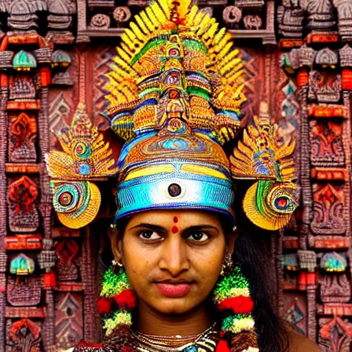 Image similar to a woman wearing an armor and headdress. the armor and headdress is made out of the colors, textures and sculptures of the meenakshi temple in madurai. intricate. detailed.