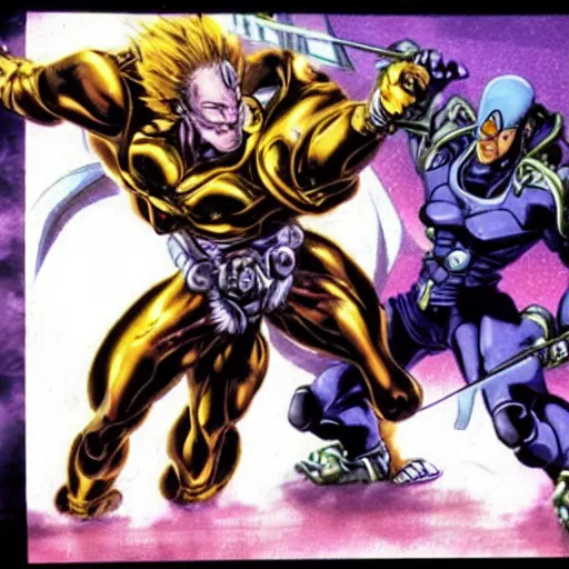 Prompt: cyborg dril fighting dio from jojo's bizarre adventure, photo, photograph