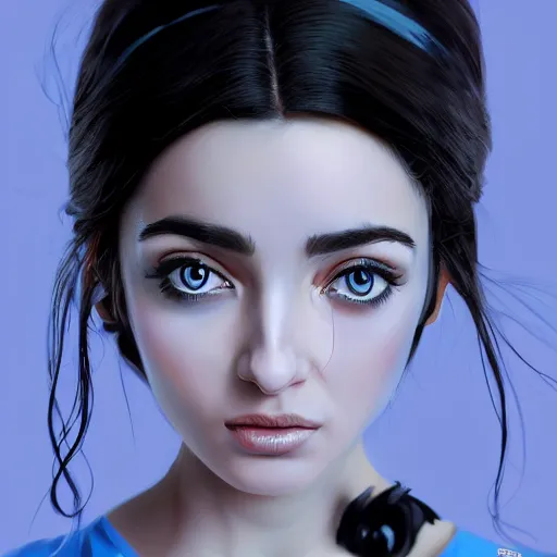 Prompt: greek ameera al taweel , blue eyes, black hair, beautiful face, white viel, Hyper-realistic, Highly Detailed, HD, by Brom, by beeple, studio ghibli, wallpaper, highly detailed, trending on artstation