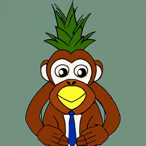 Prompt: a monkey wearing a tie holding a pineapple