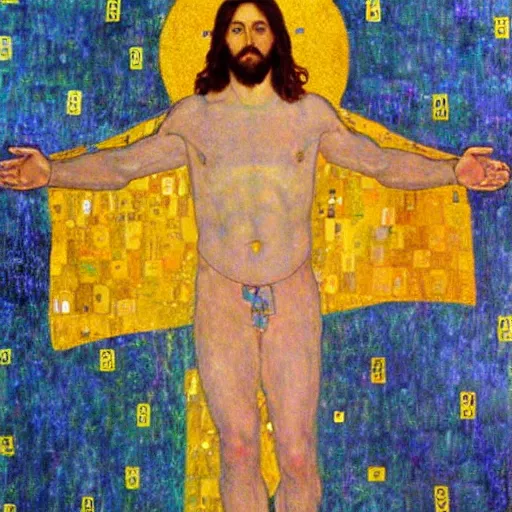 Image similar to Jesus Christ with open arms in the style of Klimt