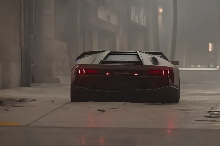 Image similar to A cinematic film still of a Lamborghini in the movie Blade Runner: 2049.