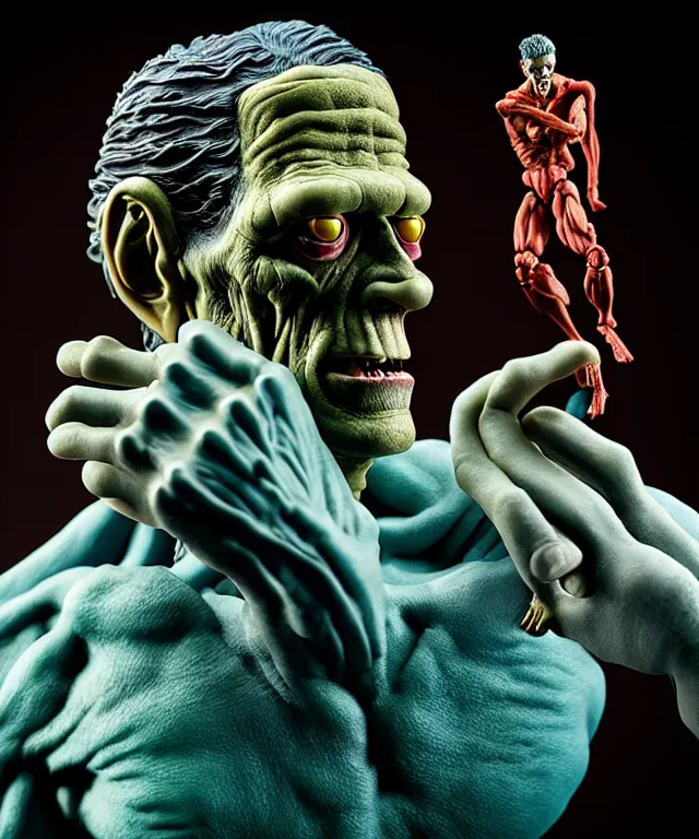 Image similar to hyperrealistic rendering, frankenstein, by art of skinner and richard corben and jeff easley, product photography, action figure, sofubi, studio lighting, colored gels