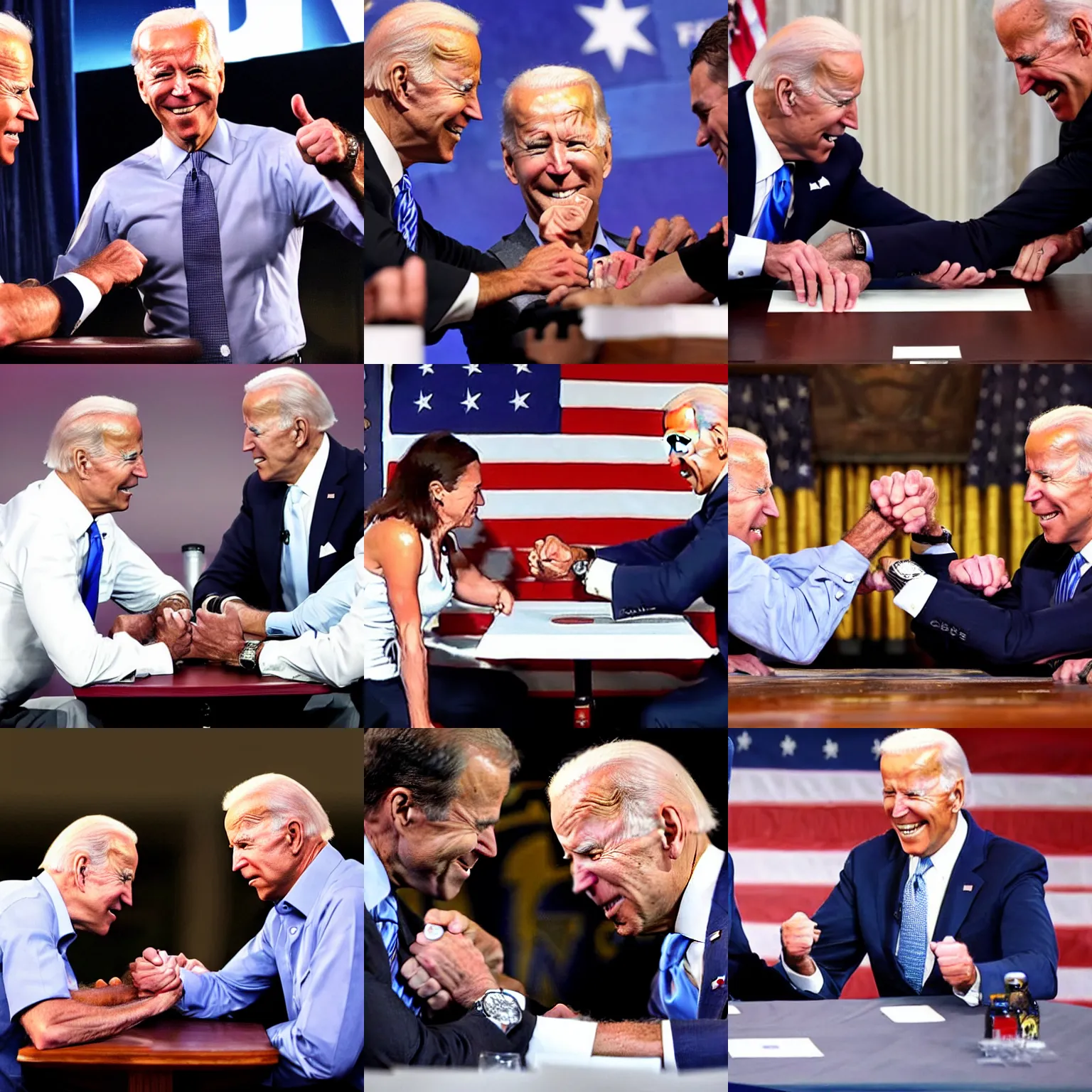 Prompt: joe biden in an arm wrestling match against joe biden. the fate of america hangs in the balance.