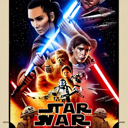 Image similar to super detailed star wars movie poster with Jesus Christ and kim kardashian, 8k full HD photo, cinematic lighting, anatomically correct, oscar award winning, action filled, correct eye placement,